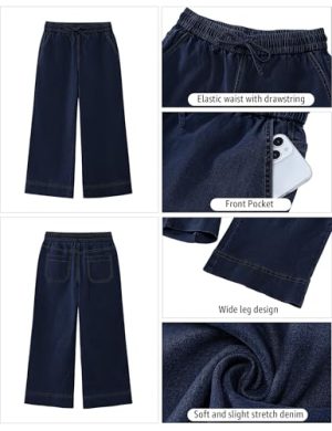 Wide Leg Jeans for Women High Waisted Cropped Pull On Jeans Elastic Wasit Drawstring Stretch Denim Trouser Pants