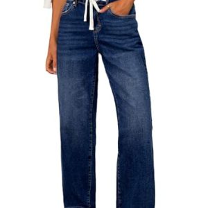 Women's Wide Leg Jeans High Waisted Stretchy Straight Leg Baggy Drawstring Zimbaplatinum Denim Pants