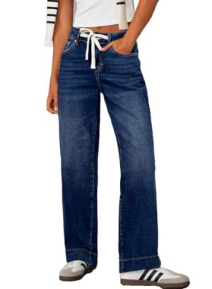 Women's Wide Leg Jeans High Waisted Stretchy Straight Leg Baggy Drawstring Zimbaplatinum Denim Pants