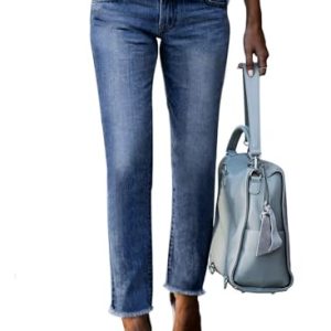 Women's High Waisted Jeans Strechy Fashion Raw Hem Straight Leg Ankle Denim Pants with Pockets