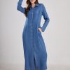 Womens Casual Button Down Denim Maxi Dress Lapel Long Sleeve Long Jean Dresses with Pockets