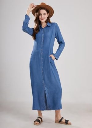 Womens Casual Button Down Denim Maxi Dress Lapel Long Sleeve Long Jean Dresses with Pockets