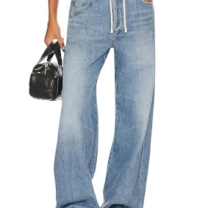 Womens Baggy Wide Leg Jeans Boyfriend Drawstring High Waisted Mom Denim Pants with Pockets