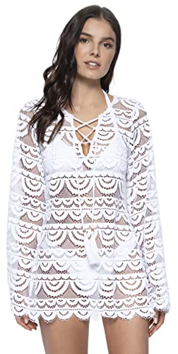 Women's Noah Water Lily Tunic Cover-Up - Scalloped Hem, Lace Up Front Tie