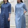 Flattering Belted A Line Summer Dress Casual Denim Midi Dress Ankle Length Long Sleeve Pullover Blouse Skirt(Blue,X-Small Tall)