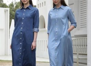 Flattering Belted A Line Summer Dress Casual Denim Midi Dress Ankle Length Long Sleeve Pullover Blouse Skirt(Blue,X-Small Tall)
