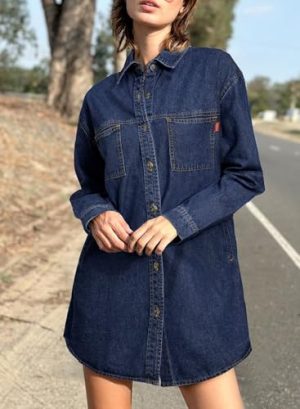 Women's Collared Denim Dress Casual Long Sleeve Button Down Jean Shirt Dresses with Pockets