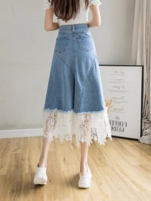 Lace ​​Denim Skirt for Women Summer Waist Midlength Retro Irregular