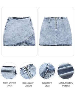 Women's Tulip Hem Shirred Washed Casual Bodycon Short Jean Denim Skirt