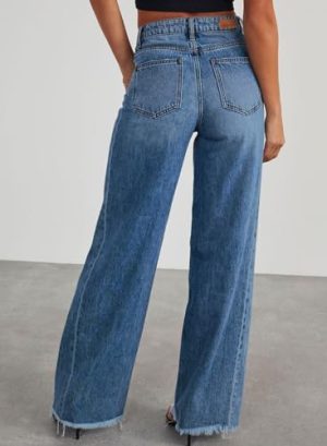 Women's Wide Leg Jeans High Waisted Strechy Raw Hem Zimbaplatinum Denim Pants