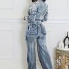 Women's Two Piece Denim Outfits Long Sleeve Cropped Jean Jacket Cargo Pants with Pockets Y2K Tracksuit Set