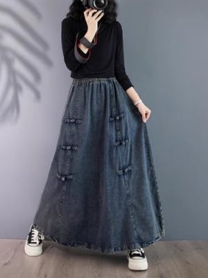 Retro Chinese Style Buckle Denim Skirt for in Spring and Autumn Waist Large Size Slim Long Swaying