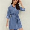 Women's Casual Button Down Jean Shirt Dress Long Sleeve Tie Waist Lightweight Denim Shirt Dress