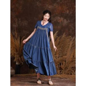 Loose Denim Long Skirt, Retro Embroidered Oversized Dress
