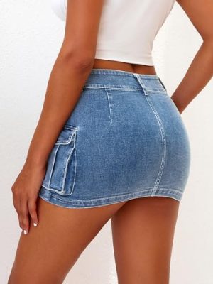 High Stretchy Cargo Skirt for Women, Low Waist Y2k Mini Skirt Cute Denim Skirt with Pockets