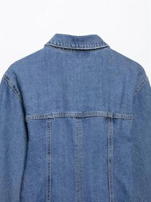 Blue Vintage Women Turn Down Collar Denim Dress Fashionable Single Breasted Long Sleeve Dress