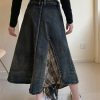 Women's Plaid Denim Skirt, Asymmetric Patchwork High Waist Skirt