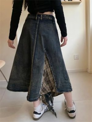 Women's Plaid Denim Skirt, Asymmetric Patchwork High Waist Skirt
