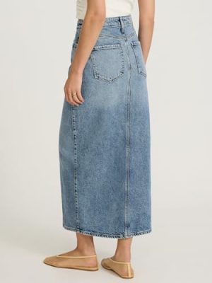 Women's High Waisted Medium Wash Front Slit Maxi Denim Skirt