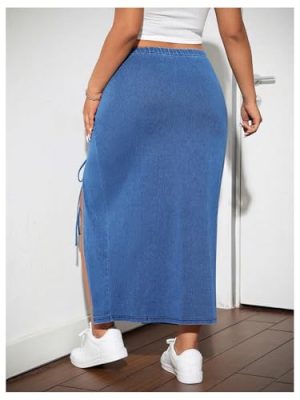 Women's Plus Size Split Thigh Ruched Drawstring Bodycon Denim Midi Skirts