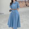 High Waist Short Sleeve Turn Down Collar Single Breasted Denim Dress for Women Modern Classic Vintage Long Dress