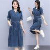 Modern Casual Denim Dress for Women Short Sleeve Mid Length Waist Cowboy Style Dress