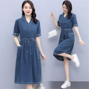 Modern Casual Denim Dress for Women Short Sleeve Mid Length Waist Cowboy Style Dress