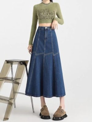Denim Skirt Womens Blue Long Waisted Slim Large Pleated