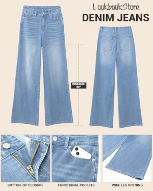 Wide Leg Jeans for Women High Waisted Stretchy Denim Jeans Fashion Baggy Trouser Jean Pants with Pockets
