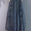 Retro Chinese Style Buckle Denim Skirt for in Spring and Autumn Waist Large Size Slim Long Swaying