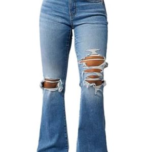 Women's Bootcut Jeans Ripped Mid Rise Stretchy Tummy Control Cut Out Raw Hem Denim Jeans