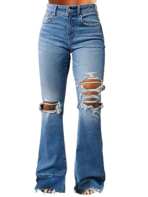 Women's Bootcut Jeans Ripped Mid Rise Stretchy Tummy Control Cut Out Raw Hem Denim Jeans