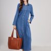 Womens Casual Button Down Denim Maxi Dress Lapel Long Sleeve Long Jean Dresses with Pockets