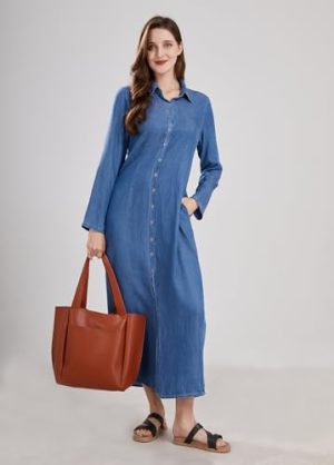 Womens Casual Button Down Denim Maxi Dress Lapel Long Sleeve Long Jean Dresses with Pockets