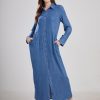 Womens Casual Button Down Denim Maxi Dress Lapel Long Sleeve Long Jean Dresses with Pockets
