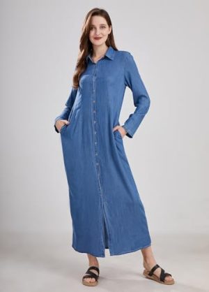 Womens Casual Button Down Denim Maxi Dress Lapel Long Sleeve Long Jean Dresses with Pockets