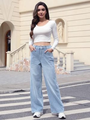 High Stretchy Sweatpant Jeans Women, Elastic Waist Wide Leg Baggy Knit Jeans Straight Leg High Waisted Pull on Jeans