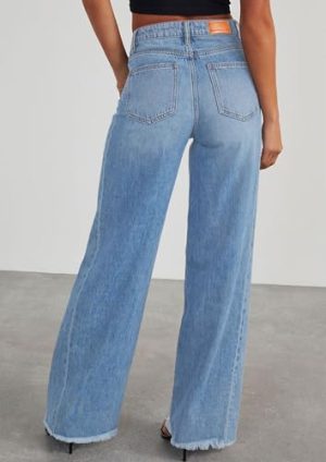 Wide Leg Jeans for Women Trendy 2025 High Waisted Stretchy Baggy Raw Hem Denim Palazzo Pants with Pockets