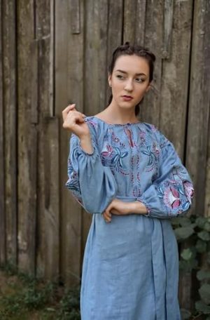 New Collection 2023 Ukrainian Vyshyvanka Dress Floral Bohemian Dress Embroidered Summer Boho Dress Long Linen Dress Blue Jeans