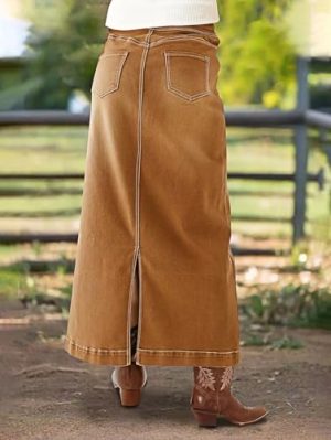 Straigh High Rise Vintage Split Back Contrast Stitch Detail Denim Skirt