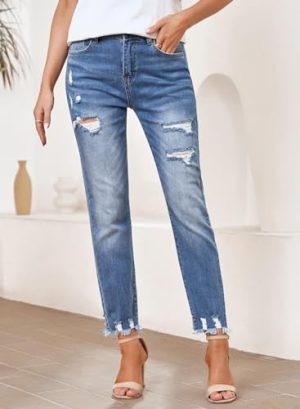 Womens Jeans High Waisted Stretchy Ripped Distressed Tummy Control Straight Ankle Jean for Women Trendy 2025