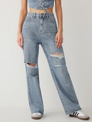 Women’s Ripped Jeans High Waisted Distressed Baggy Straight Wide Leg Pants
