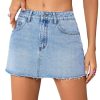 Women's Single Button Front Raw Hem Plain Denim Mini Skirt with Pockets