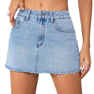 Women's Single Button Front Raw Hem Plain Denim Mini Skirt with Pockets