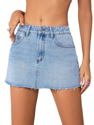 Women's Single Button Front Raw Hem Plain Denim Mini Skirt with Pockets