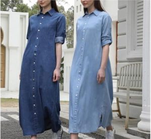 Flattering Belted A Line Summer Dress Casual Denim Midi Dress Ankle Length Long Sleeve Pullover Blouse Skirt(Blue,X-Small Tall)