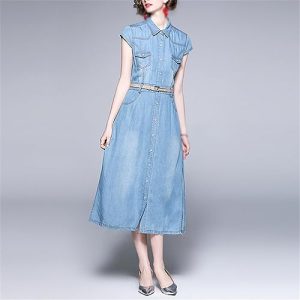 Collar Thin Denim Dress Women's Waist Thin Dress