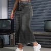 Women High Waist Midi Denim Skirt with Back Slit Casual A-Line Long Jean Skirts with Pockets Ladies