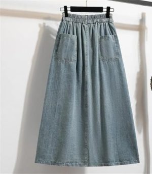 Vintage High Waist Casual Denim Skirts Women Single-Breasted Basic A-Line Long Skirts