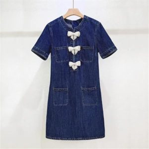 Women's Denim Bow Dress - Vintage Washed Blue Summer